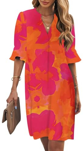 Wkior Womens Summer Ruffle Sleeve V Neck Shift Dress,Orange Floral,L