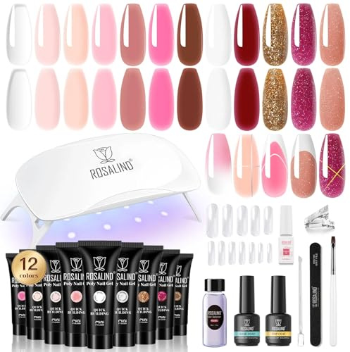 ROSALIND Poly Extension Gel 12 *10ml mit Mini UV Lampe Nagel Werkzeuge Set | 12 Farben 10ml Extension Nagel mit Mini UV Lampe,Base &Top Coat Nagelverlängerungs Gel für Profesionelle Salon & zu Hause DIY