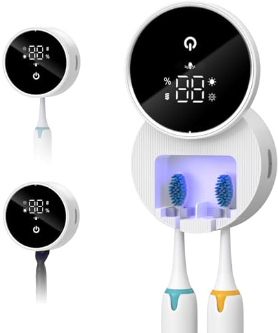 OQIMAX UV Toothbrush Cleaner Holder, Wall Mounted Toothbrush Cleaner, Automatic Rotating Cover, 99s to Kill Bacteria and 60-Degree Drying, LED Smart Screen, Paste Design Sterilizer for Home