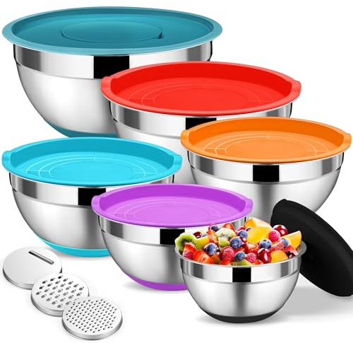 Onader Rührschüssel 6er Set, Edelstahl Schüssel Salatschüssel mit Luftdichtem Deckel & 3 Reibenaufsätzen für Küche, Schüsselset 4,6L/2,8L/2,5L/1,6L/1,2L/0,7L, Stapelbar & Spülmaschinenfest, Bunt