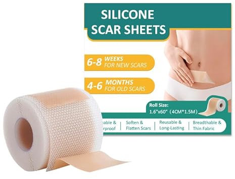 Souvik Pansement Silicone Cicatrice: (4 cm x 150 cm) Silicone Scar Sheets pour les cicatrices causées par césarienne, chirurgie, brûlures – Ultra fines, flexibles et réutilisables