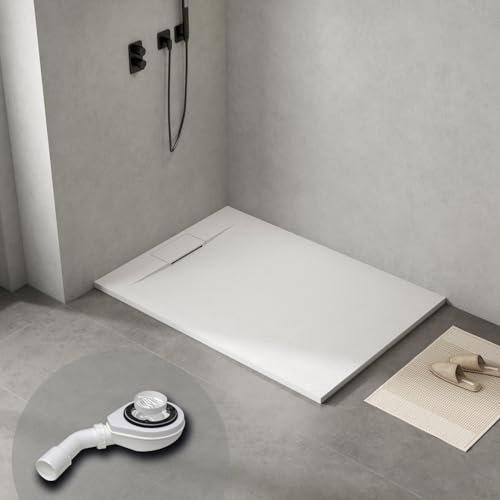WITEN&NOCK Duschwanne 140x100 cm SMC Brausewanne weiß Steinoptik Anti-Rutsch Duschtasse Höhe 3,2 cm superflach Brausetasse inkl.Ablaufgarnitur