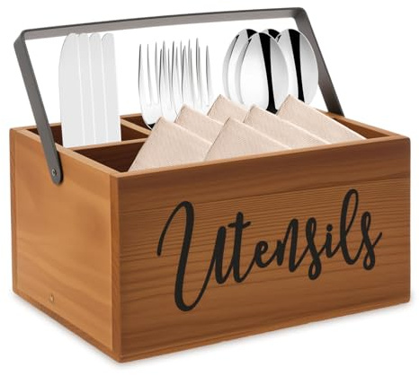 VAVPUP Acacia Wood Cutlery Caddy Organiser 4 Compartment Utensil Holder with Ergo Handle,Drawer-Friendly 23cm Condiment & Cutlery Storage for Kitchen/Dining/Office(Brown)
