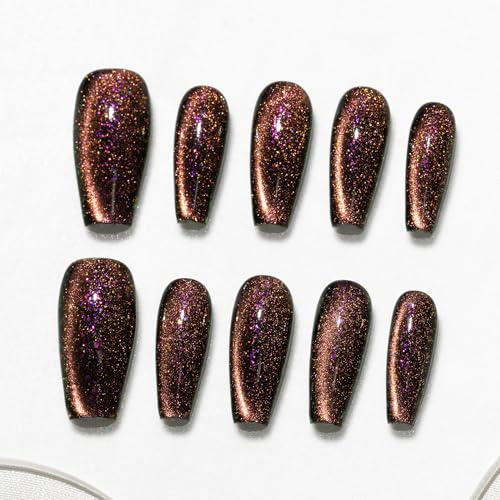 Sun&Beam Nails Handmade Press-On Nails Medium Ballerina Brown (#259 L) | 10-piece handmade set in deep brown with gold and purple glitter accents and subtle shimmer