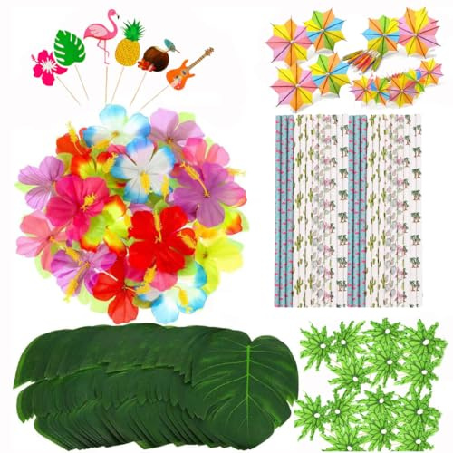 KARLOR 107 Pieces Cocktail Decoration, Reusable Cocktail Umbrellas Sticks Monstera Flowers Drink Cupcake Toppers with Coconut Tree Flamingo Pineapple Straws Umbrella Skewer Hawaii Party Decoration