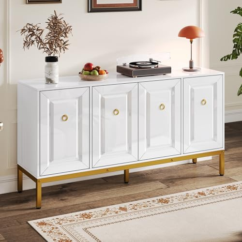 FammyLoft Hochglanz-Sideboard Wohnzimmer mit 4 Türen, Buffetschrank mit Goldene Griffe und Beine, 140×80×40cm, Modern Wohnzimmerschrank für Esszimmer & Flur, Weiß und Gold