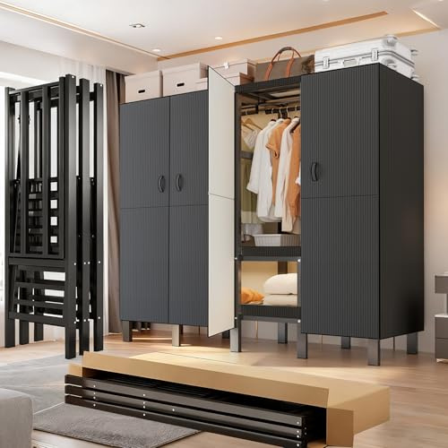 FPIGSHS Faltbarer Kleiderschrank Mit magnetischer Tür, 500 Kg, Robuster Stoffschrank, Freistehendes Garderobe-Organizer-System, Geschlossener Vorhang Drehtürenschrank Für Schlafzimmer (B, 168CM)