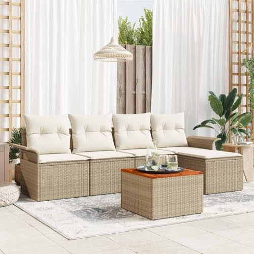 QJBSAVVA Gartenmöbel Set 6-Teilig Beige Poly Rattan Modular Lounge Sofa Gruppe mit Gartentisch & Hocker Modernes Design Robust & Wetterfest für Balkon Terrasse Garten