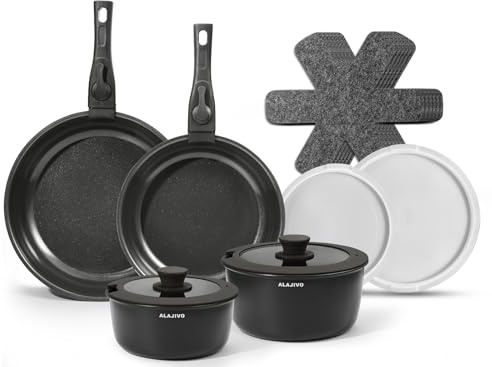 Ceramic Cookware Set with Removable Handle, 14-Piece Pan Set with Non Stick Coating, Induction Pots and Pans with Lids, 24/28cm Frying Pan, Suitable for All Hob Types, Oven-Safe