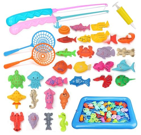 Kids Magnetic Fishing Game Playset for Toddlers Aged 3-8, Bath & Water Table Toy with Inflatable Pool, Fishing Rods, Nets and Floating Fish, Indoor Outdoor Water Fun Toy for Boys Girls
