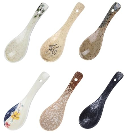 JIAC 6 Piezas juego de cucharas de sopa de cerámica asiática Cucharas De Sopa China Creativo 14cm Cuchara Sopera Retro Japonesas resistentes al calor para wonton,pasta y sopas