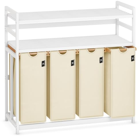 AdelDream Wäschekorb 200L,4 Fächer Wäschesammler,2 Ablagen,Bambus | Wäschesortierer 4 x 50L, ausziehbar abnehmbar, Doppelregal, Farbe Weiß & Cremeweiß