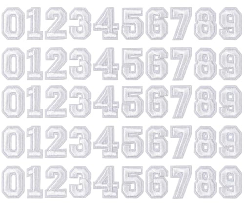 50pcs Iron on Number Patches 0-9 1 Inch Embroidered Patches White Applique Patches Small Number Heat Press Patches for Clothes Backpacks Hats Jeans Jackets DIY Accessories
