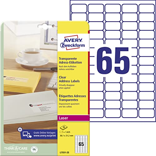 AVERY Zweckform L7551-25 Adressetiketten/Adressaufkleber (1.625 Etiketten, 38,1x21,2mm auf A4, bedruckbar, selbstklebend, für Absenderetiketten, durchsichtige Polyesterfolie) 25 Blatt, transparent