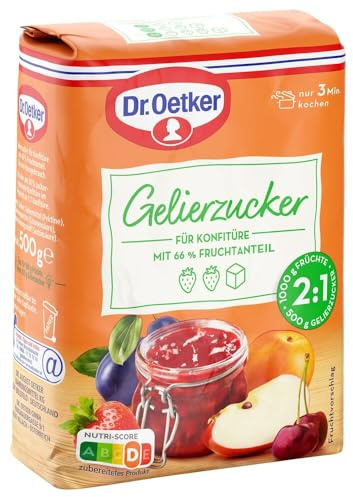 Dr. Oetker Gelierzucker Extra 2:1, 500 g, fertiger Gelierzucker, zum Selbermachen von Konfitüren, Marmeladen & Gelees, für extra Fruchtigkeit & weniger Süße, vegan