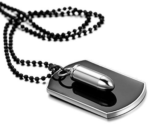 Oidea Bijoux- Collar de Hombre - Colgante - Bala - Placa - Estilo Militar - Color Negro y plateado