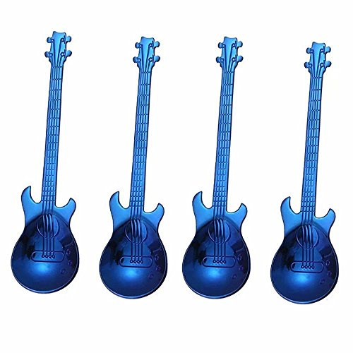 Frolahouse 4 Stück Edelstahl Kaffeelöffel, Gitarre Löffel, Tee Suppe Zucker Dessert,Milchshake Löffel Geschirr Besteck Gadgets kreative Küche Werkzeuge-Blau