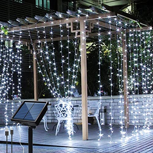 IMAGE Solar Lichtervorhang 3x3m Lichtvorhang LED Lichterkette mit 300 LEDs 8 Beleuchtungsmodi für Zimmer Deko Weihnachten Hochzeit, kaltweiß