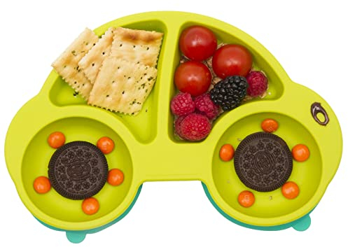 Baby Teller Schüssel Mini Silikon Tischset für Baby Kleinkinder und Kinder Tragbar Teller Baby Rutschfest Babyteller Tischset Abwaschbar für Spülmaschine, Mikrowelle (Neues Auto grün)