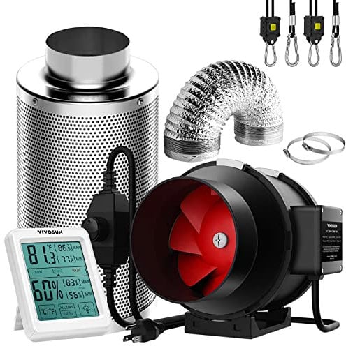 VIVOSUN 6 Inch 390 CFM Inline Fan with Speed Controller, 6 Inch Carbon Filter and 8 Feet of Ducting, Temperature Humidity Monitor for Grow Tent Ventilation
