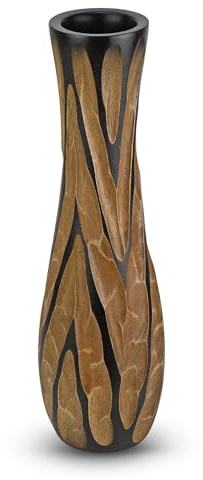 AeraVida Hand Carved Mango Tree Wood Vase 14 Inch Tall Decorative Wooden Floor or Tabletop Accent for Home Decor Rustic Brown Dried Flowers