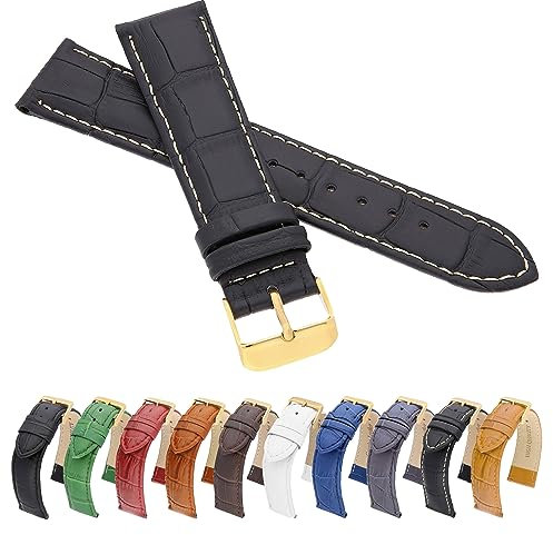 MARCHEL Croco Gold LM-150 Lederarmband 10 mm Schwarz-Weiß Krokoprägung Uhrenarmband Krokodilmuster Uhrband Rindsleder