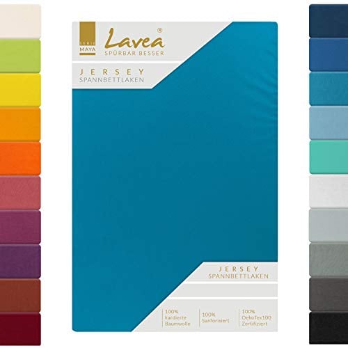 Lavea Topper Spannbettlaken, Topper Spannbetttuch, Jersey Topper Serie Maya, 200x220cm für Boxspring- und Wasserbetten, Aquamarin, 100% Baumwolle, hochwertige Verarbeitung, mit Gummizug