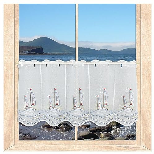 atelier alles-Spitze Maritime Scheibengardine Segelboote im Sonnenuntergang | Blickdichte Badgardine mit hochwertiger Stickerei | Höhe x Breite 35 x 80 cm