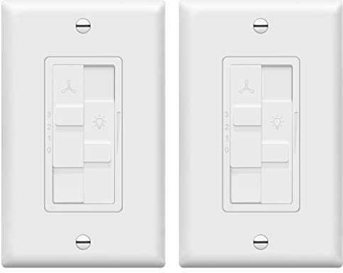 TOPGREENER Kalide Combo Dimmer Switch with 3-Speed Fan Control, Light and Fan Combination Switch, Single Pole, 2.5A, 200W LED/CFL, Neutral Wire Not Required, TGDSFS3-W-2PCS, White, 2 Pack