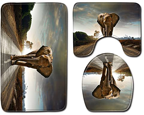 BZSBH Badematte Set 3 Teiliges Memory Foam Badezimmerteppich Landschaft Tier Elefant, Badgarnitur Badezimmer Badvorleger Sets, Waschbar Weiches rutschfest Badematte U-Förmige Teppich WC-Vorleger
