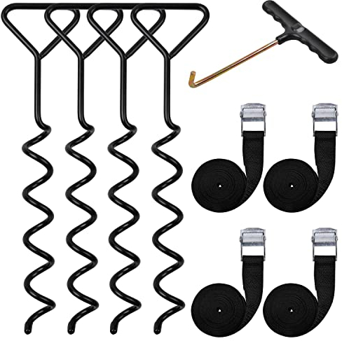 Bodenanker Trampolin Erdanker Spiral Anchor Set mit Schraube Shape Stakes Verstellbarer Gurten T-Haken Sturmanker Kit Trampolin Zubehör für Trampoline, Camping, Schaukeln, Gartenhäuser, Spielhäuser