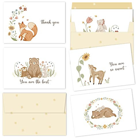 Gooji 4x6 Woodland Thank You Cards with Envelopes 20 Pack Matching Peel-and-Seal Envelopes, Assorted Bulk, Animal, Birthday Baby Shower Weddings Greeting Blank Notes Business Box Stationary