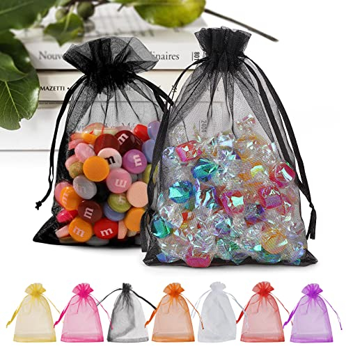ANZNKU 100 Stück Organza-Beutel 12.7x17.8 cm, hochwertige schwarze Geschenkbeutel mit Kordelzug, durchsichtige Netzbeutel, Geschenktüten, kleine Größe, Verpackungsbeutel für Hochzeit, Party