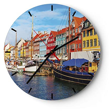Modern Wanduhr Kopenhagen Nahavn Schiffe 40x40cm Rund Groß Wand Uhr Glas Analog Zimmeruhren Küche Büro Wohnzimmer Glasuhr Wall Clock Dekoration Design Wanddekoration Küchenuhr C3AR40x40-4205