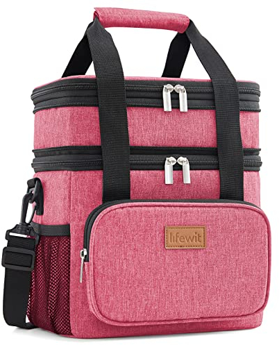 Lifewit Bolsa Térmica de Almuerzo Unisex, Bolsa Isotérmica Doble Compartimento, Bolsa Térmica Porta Alimentos Grande, Fiambrera Antifugas con Correa, Trabajo/Viajes, 12L/16 Latas, Rosa