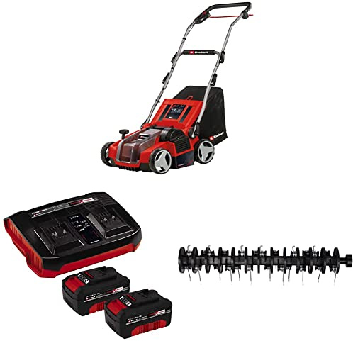 Einhell Akku-Vertikutierer-Lüfter GE-SA 36/35 Li Power X-Change (36 V, Brushless, 35cm Messerwalze, 28L Fangsack, einstellbare Arbeitstiefe, inkl. 2x 4,0 Ah Akku,Twincharger und Ersatzlüfterwalze)
