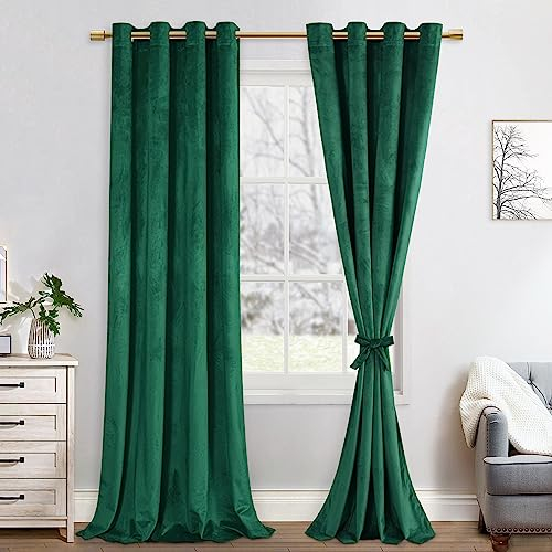 JIUZHEN Verdunklungsvorhang aus Samt, 2er Set Grün Samtvorhang weiche blickdichte Gardinen Grün Samtvorhang mit Ösen Vorhänge Samt für Deko SchlafzimmerWohnzimmer,140x280cm(BxH),Dunkelgrün