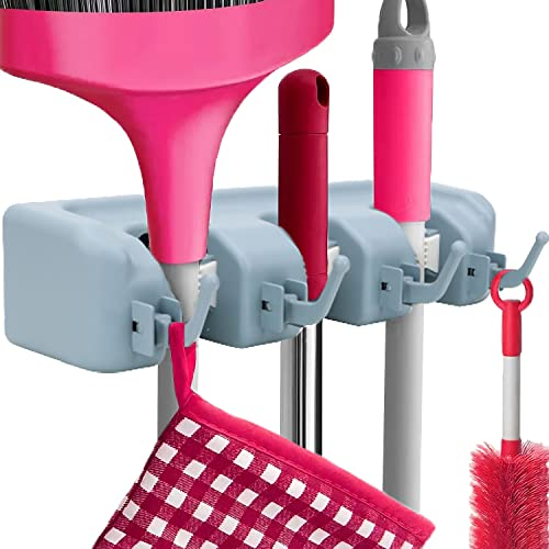 Retoo Supporto per scopa da parete con 3 supporti e 4 ganci, supporto da parete, porta attrezzi da giardino, porta scopa, organizer per casa, garage, cucina, bagno, giardino, scopa, colore grigio