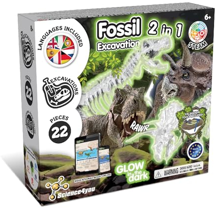 Science4you Dino Ausgrabungsset 2 in 1 - Fossilien Ausgrabungsset für Kinder ab 6+, das im Dunkelheit Leuchtet Dinosaurier Spiel und Dino Geschenk für Junge und Mädchen ab 6 7 8 9+