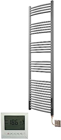 Greened House Extra High Heat Output Chrome Electric Towel Rail 500 x 1800mm Curved Bathroom Radiator Heater Up to 26% More Heat Output + Timer and Thermostat