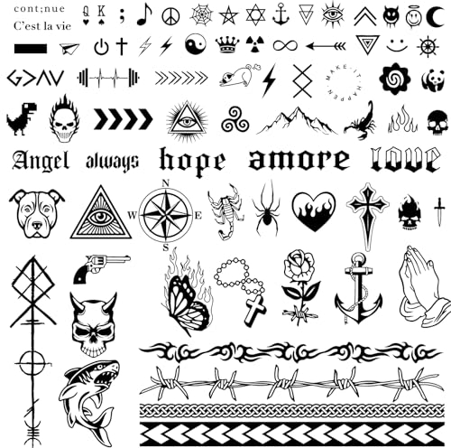 COLOFALLA 3 Blätter 90+ Temporäre Tattoos - 2 Wochen Schriftzug zum Aufkleben, Fake Klebetattoos, Kleine Mustern, Coole Motive für Halloween, Männer, Frauen (A)