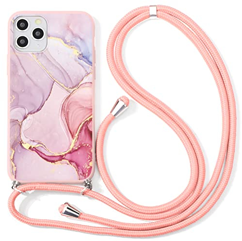 ZhuoFan Handykette Handyhülle für iPhone 11 Pro Hülle mit Band, Aesthetic Rosa Marmor Motiv Schutzhülle mit Kordel zum Umhängen, Weich TPU Silikon Stoßfeste Necklace Lanyard Case für iPhone 11 Pro