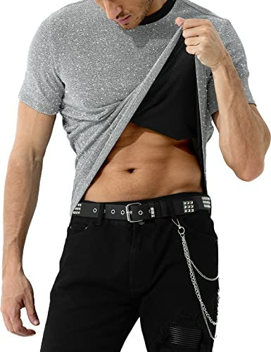 Casey Kevin Herren Glitzer T-Shirt Pailletten Hemd Shirt Metallic Shirt Sommer Oberteil Tops Für Männer Goldenes Silber Tee Mit Rundhals-Ausschnitt Clubwear Men