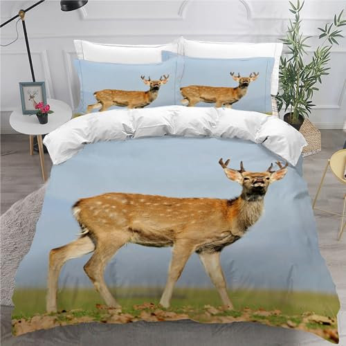 MEVASA Bettwäsche 135x200 REH Bettwäsche-Set 3 Teilig 3D-Druck Wildtierthema Bettbezug 135x200 mit Reißverschluss Weiche Mikrofaser Kinderbettwäsche mit 2 Kissenbezug