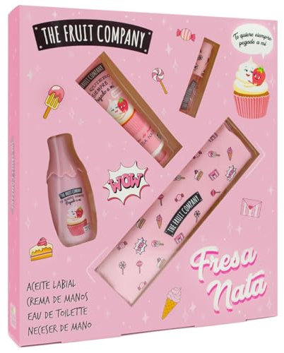 The Fruit Company Set Pack Regalo Fresa y Nata, Aceite Labial, Crema de Manos, Colonia Eau de Toilette, Neceser de Mano. Edición Navidad.