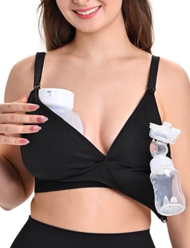 4-in-1 Hands Free Pumping Bra & Nursing Bra,Comfortable Maternity Bra for Pregnancy and Breastfeeding, Black, M