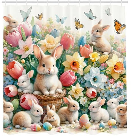 ABAKUHAUS Frühling Duschvorhang, Osterglück Zarte Kaninchen in Garten Szene Blumen mit Schmetterling, Stoffliches Gewebe Badezimmerdekorationsset mit Haken, 175 x 200 cm, Beige Koralle Mehrfarbig