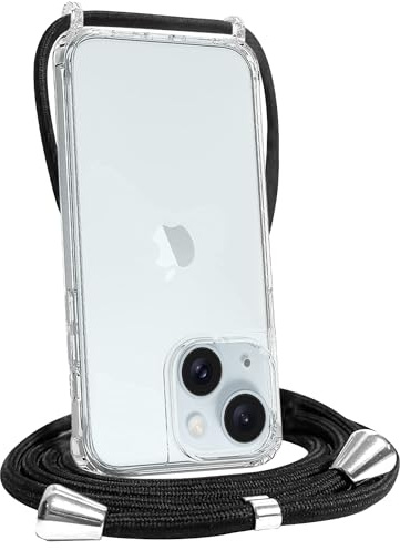 FOQENCCI Lanyard Phone Case for iPhone 15 Clear Case with Adjustable Neck Strap,Crystal Clear Soft TPU + Hard PC Anti-Slip Drop Protection Bumper Cover for iPhone 15 6.1 inch Black