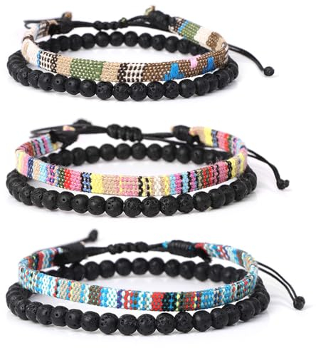 HXSYKJDM 6er Set Surfer Armband Herren & Damen, Boho Stoff Armband, Surferarmband Hippie Set Handmade Perlen Glücksarmband für Herren Damen