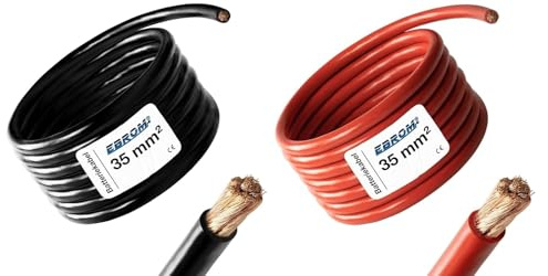EBROM Set di cavi per batteria: rosso + nero, 35 mm², in rame pieno da 3 metri ciascuno
